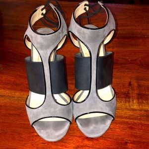 Gorgeous suede gun metal grey and black strappy heels. Back lace-up. Open toe